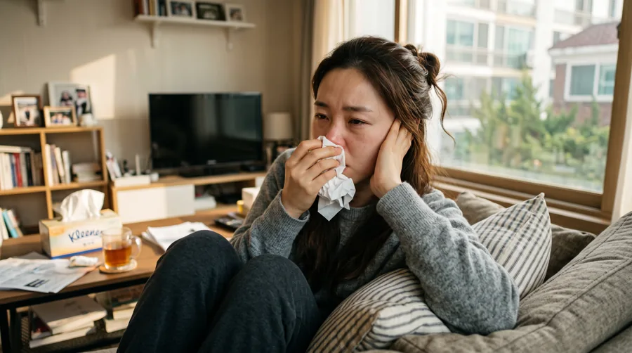 창가 소파에서 휴지로 코를 풀며 답답해하는 여성