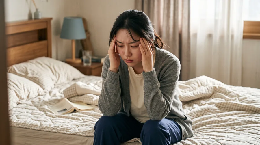 아침에 잠에서 깨 침대에 앉아 이마를 짚는 여성