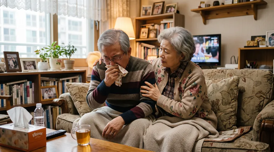 거실 소파에서 코를 푸는 노년 남성과 곁에서 지켜보는 배우자
