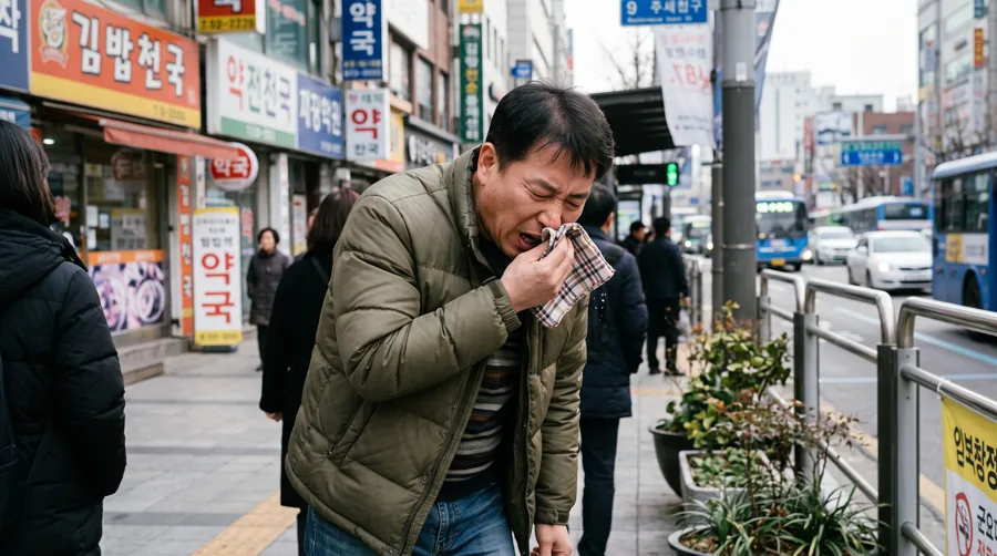 외출 중 길에서 휴지로 코를 푸는 중년 남성