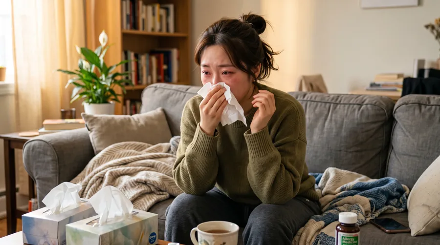 소파에서 담요를 덮고 휴지로 코를 푸는 여성, 옆에 티슈와 약