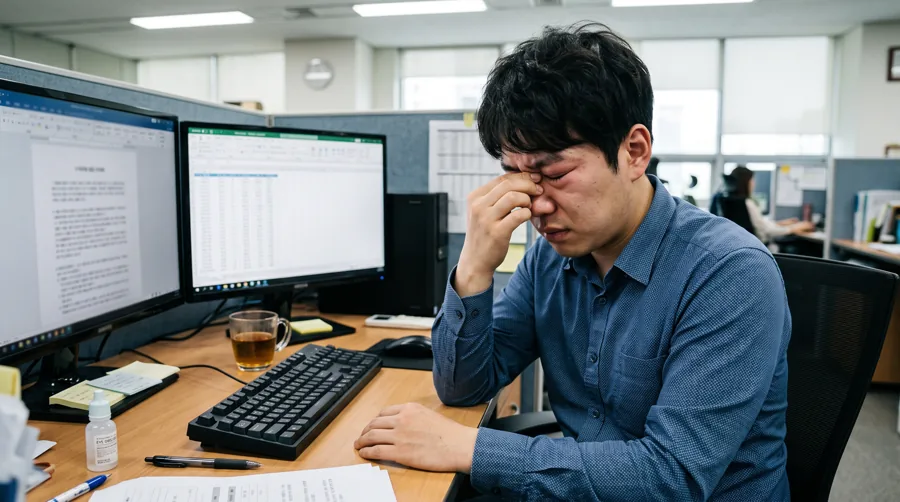 사무실 모니터 앞에서 코 사이를 짚으며 답답해하는 남성
