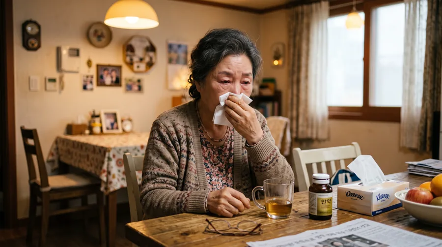 식탁에 앉아 휴지로 코를 누르고 있는 노년 여성