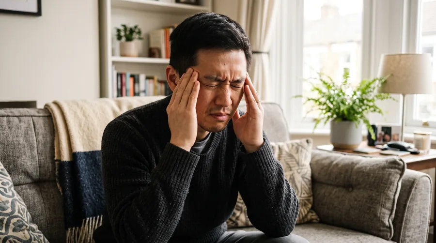 소파에서 이마와 관자놀이를 짚으며 얼굴 부위 압박감을 느끼는 남성