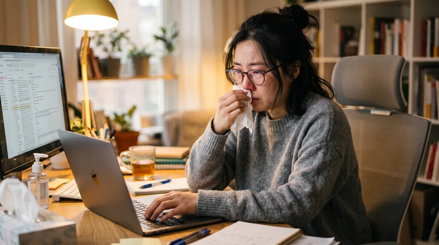 사무실에서 일하다 휴지로 코를 닦는 여성
