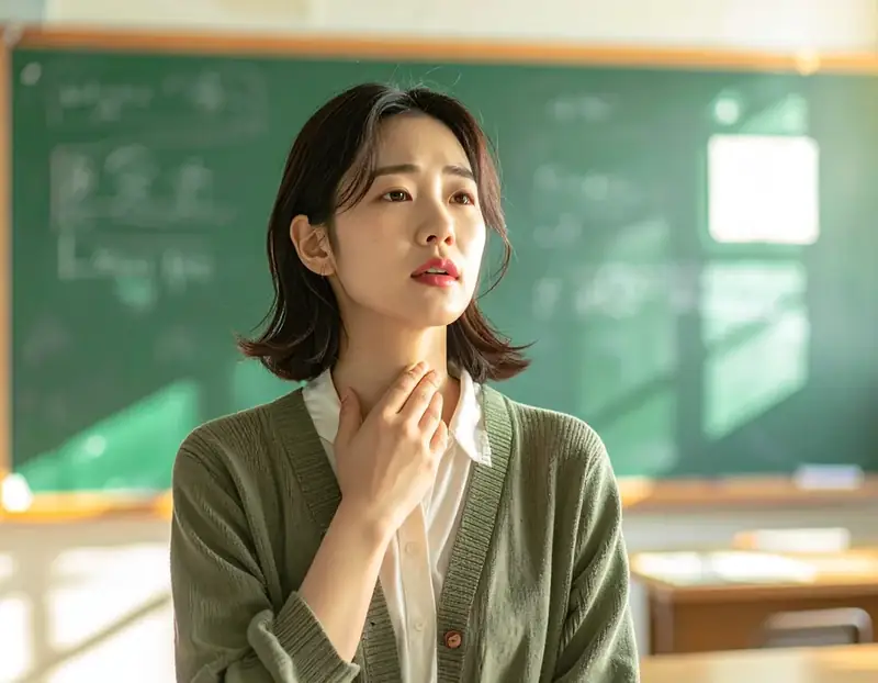 목소리가 잘 나오지 않아 목을 만지는 모습