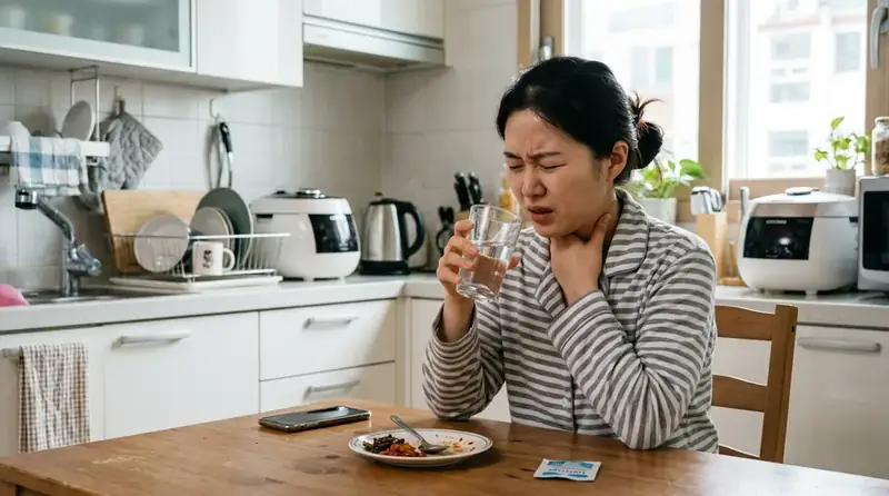 기침을 하며 목 불편을 호소하는 모습