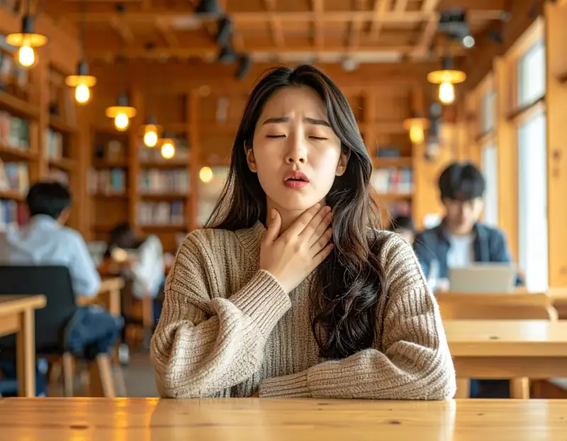 목을 감싸며 인후통을 느끼는 여성