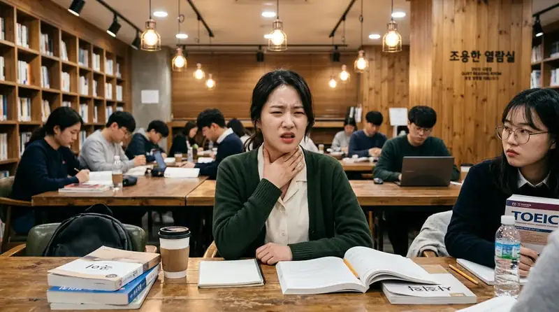 편도 통증으로 목을 만지는 직장인