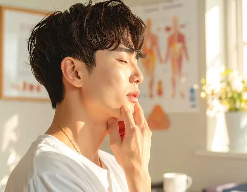 삼킴이 불편해 목을 짚는 남성