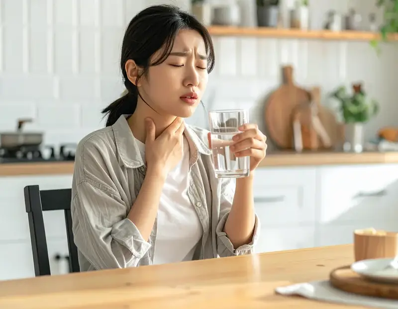물로 입안을 헹구려는 여성