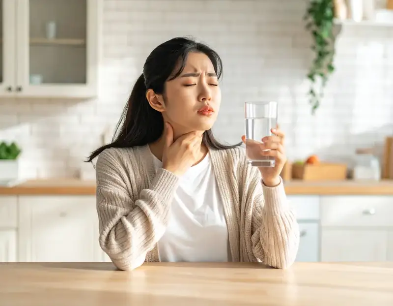 물을 삼키며 목 이물감을 확인하는 여성