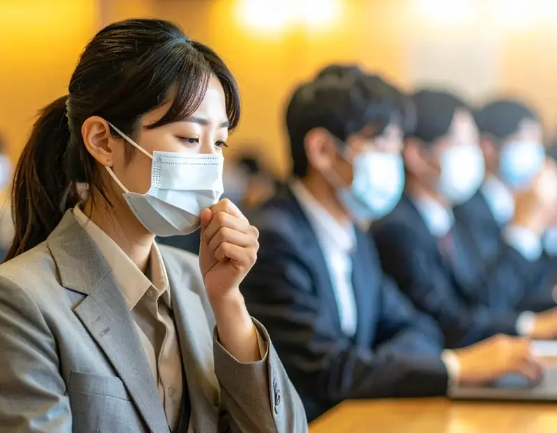 마스크를 쓰고 기침하는 여성
