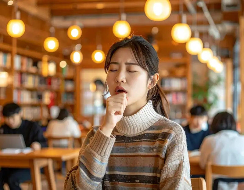 코와 목 사이 불편으로 기침하는 여성