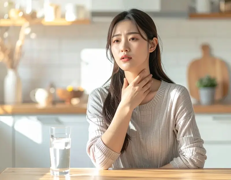 삼킬 때 목이 아파 목을 만지는 모습