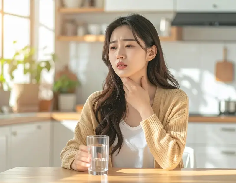 인후통으로 목을 짚고 있는 여성
