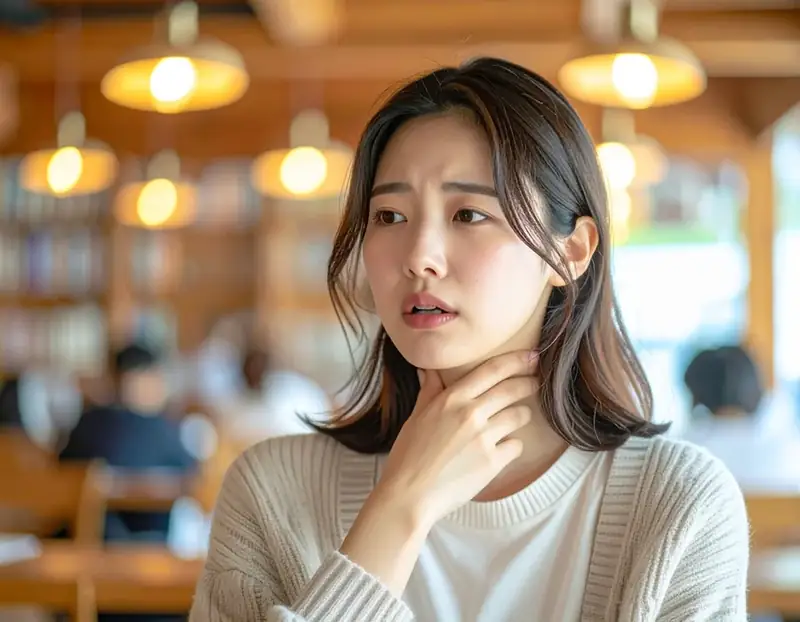 목 이물감을 느끼며 목을 만지는 여성