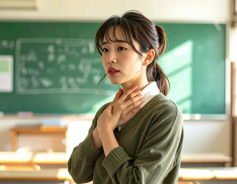 쉰 목소리로 목을 감싼 여성