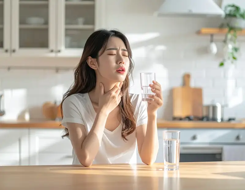 물을 마시며 아픈 목을 달래는 여성
