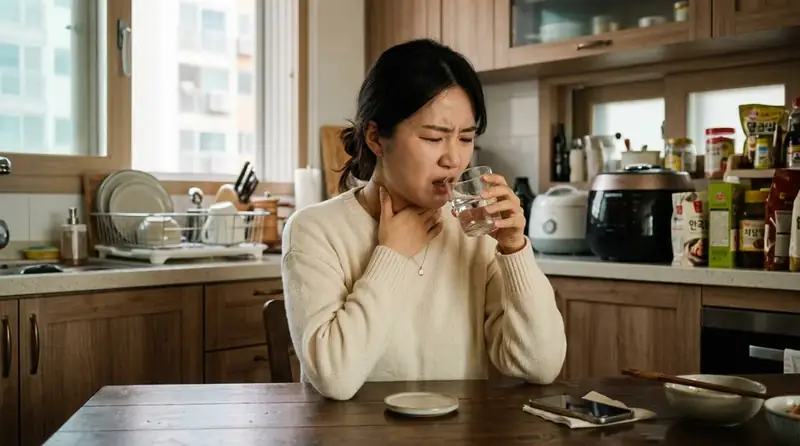 목 이물감과 기침으로 불편해하는 여성