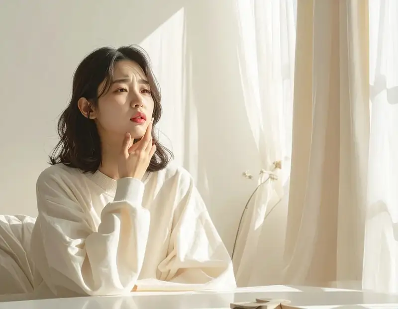 손으로 목 부위를 감싼 여성