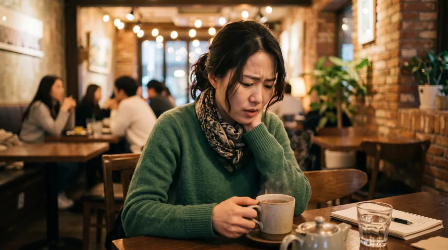 카페에서 따뜻한 차를 들고 목 불편을 달래는 여성