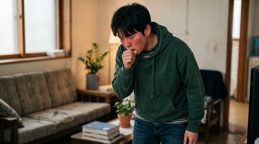 거실에 서서 기침을 하는 젊은 남성