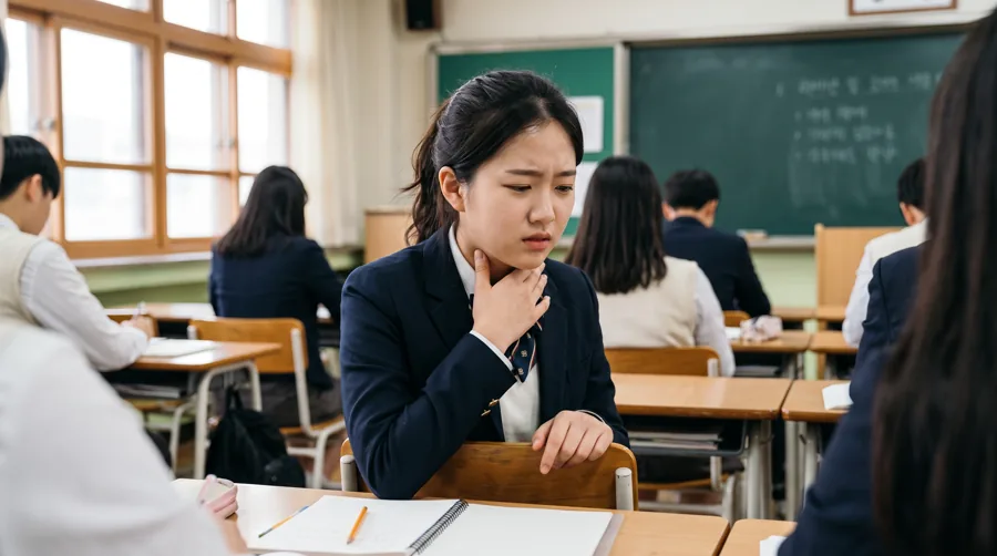 교실에서 오래 말한 뒤 목을 만지며 불편해하는 여성