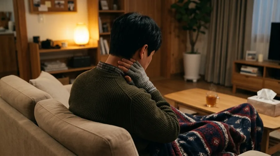 소파에 앉아 목 옆을 만지며 불편해하는 남성