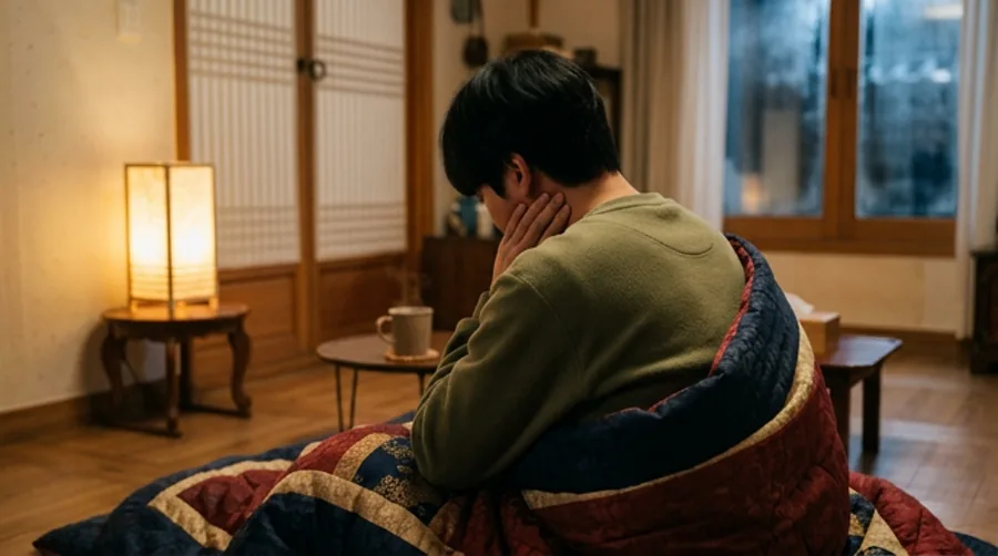 방에서 담요를 덮고 앉아 목과 얼굴을 감싼 남성