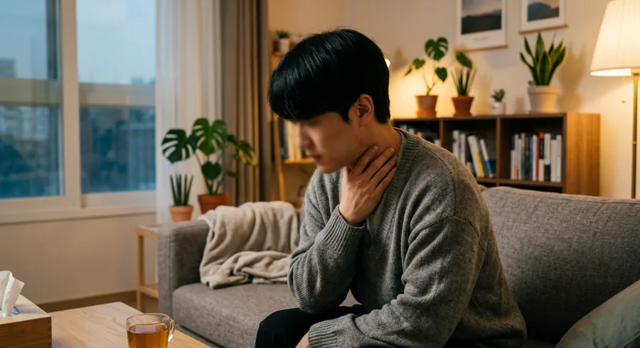소파에 앉아 목을 만지며 통증을 느끼는 젊은 남성