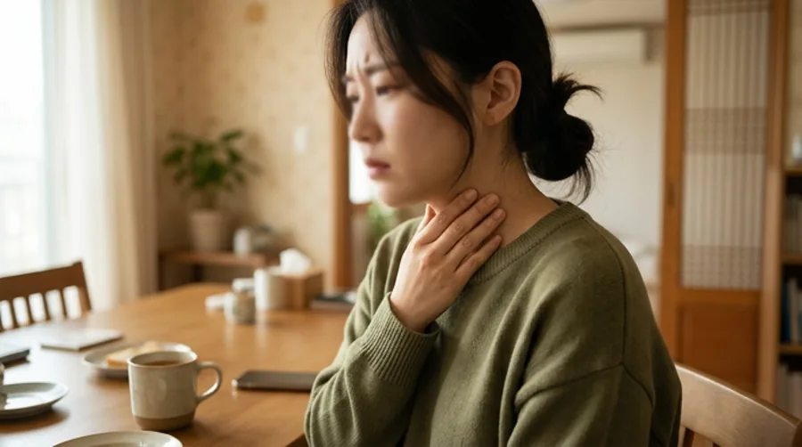 식탁 옆에서 목을 감싸며 삼킴 불편을 느끼는 여성