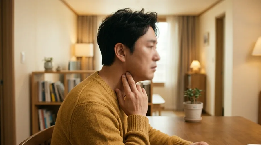 거실에서 목을 만지며 목소리 불편을 느끼는 중년 남성