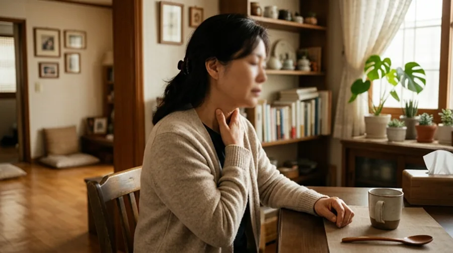 식탁에 앉아 목을 만지며 증상을 살피는 중년 여성