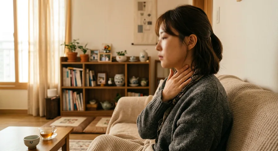 거실 소파에서 목을 감싸고 앉아 있는 여성