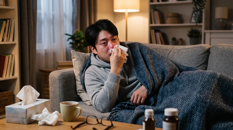 주말에 소파에 누워 휴지로 코와 입을 막고 있는 남성