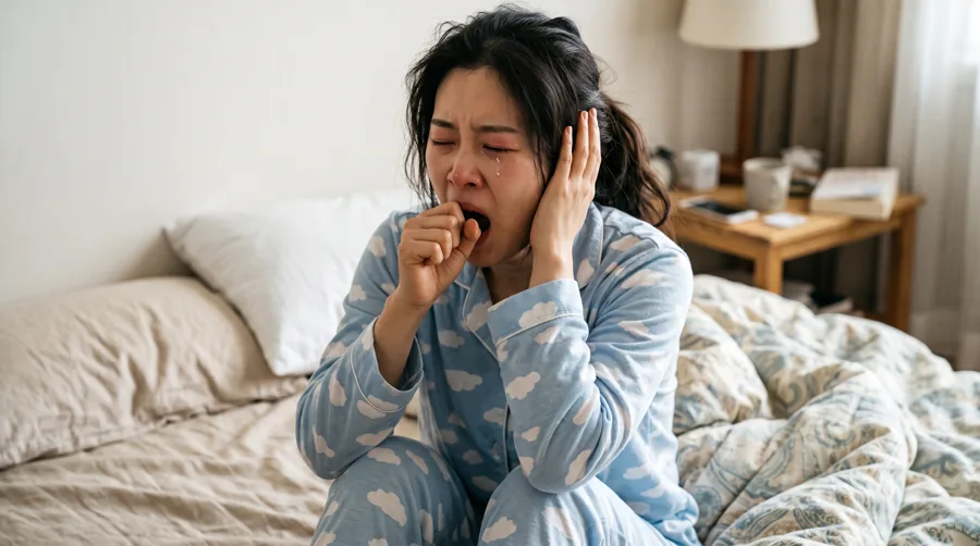 침대에서 잠을 자다 기침이 나와 몸을 일으킨 여성