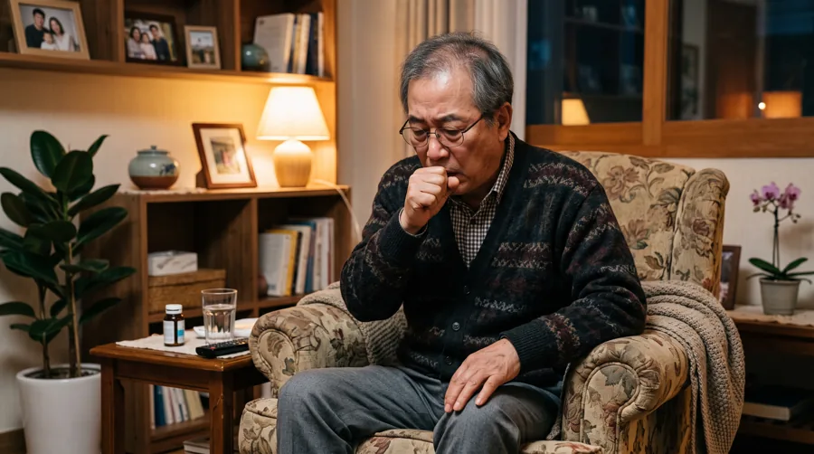 안락의자에 앉아 기침을 하는 노년 남성