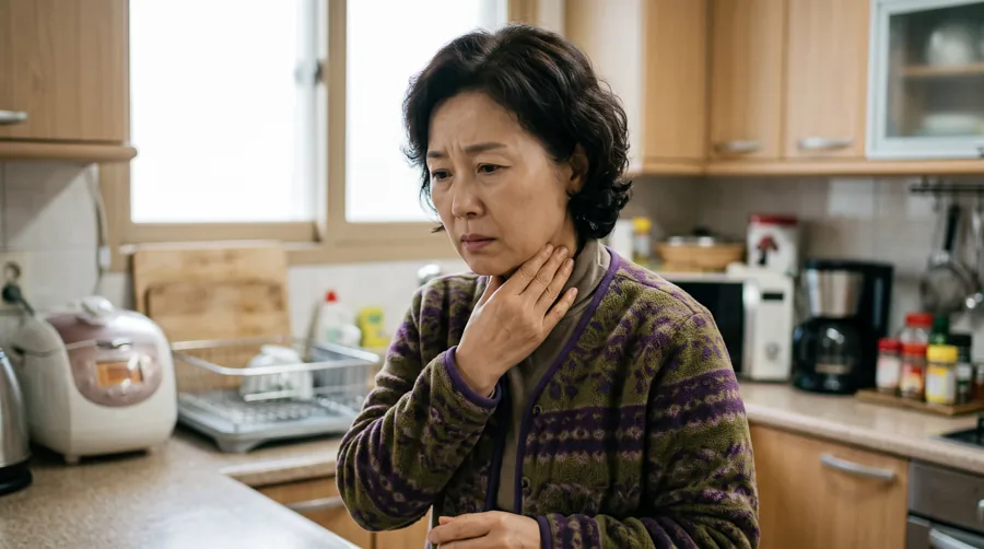 주방에서 목을 감싸며 불편해하는 노년 여성