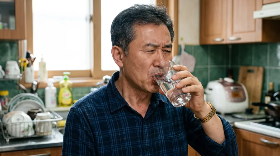 주방에서 물을 마시며 목을 달래는 중년 남성
