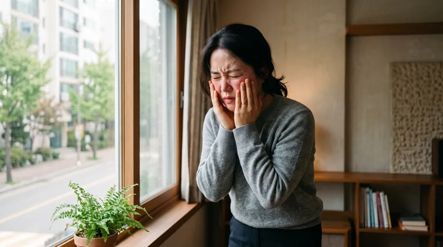 창가에서 얼굴 한쪽을 감싸며 통증을 느끼는 여성