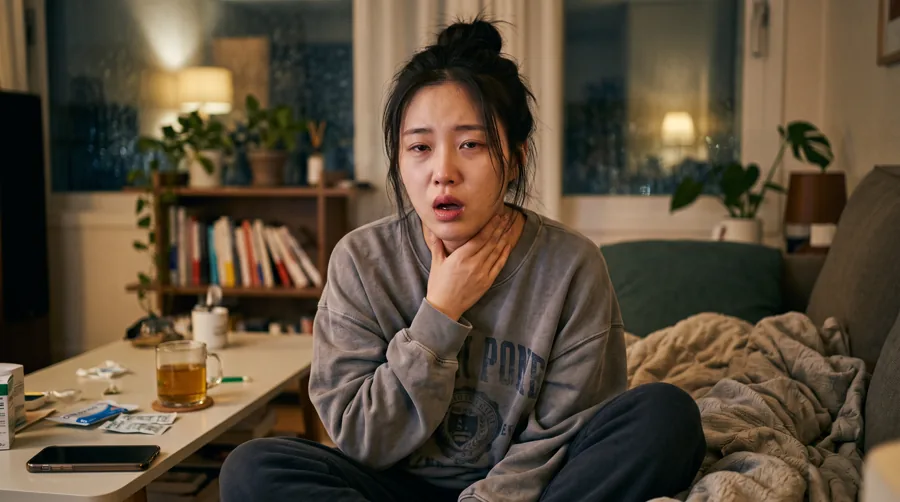 늦은 밤 소파에서 목을 만지며 지쳐 있는 여성