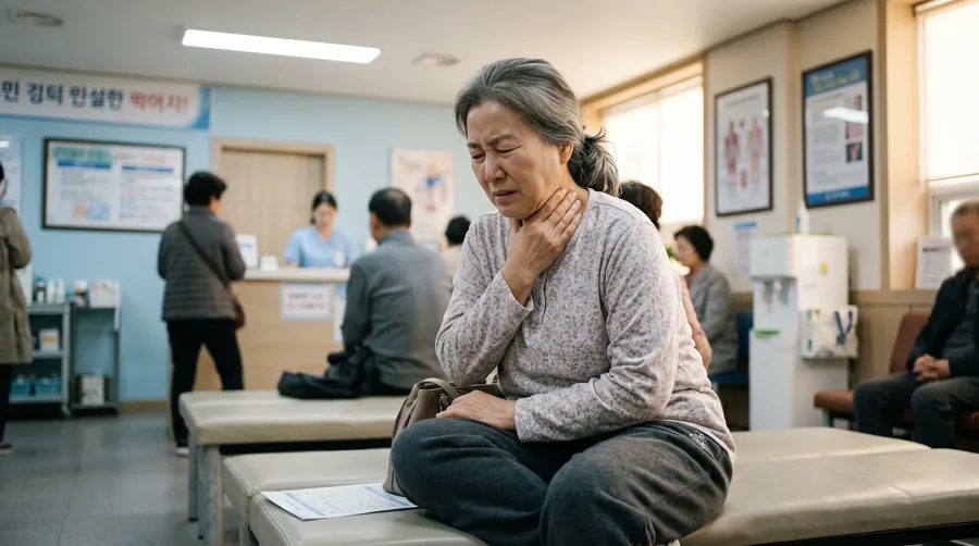 병원 대기 공간에서 목을 감싸고 앉아 있는 노년 여성
