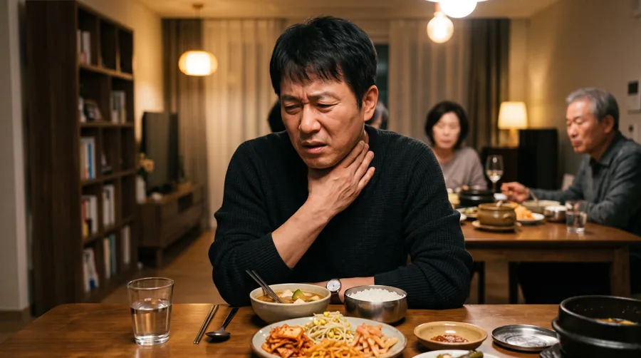 늦은 식사 자리에서 목을 감싸며 불편해하는 중년 남성